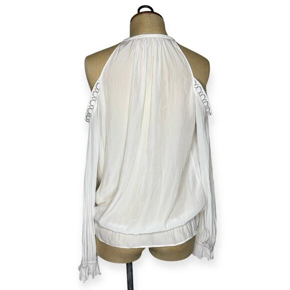 Ramy Brook White cold shoulder blouse with embroidered accents women's sz small - Picture 6 of 6